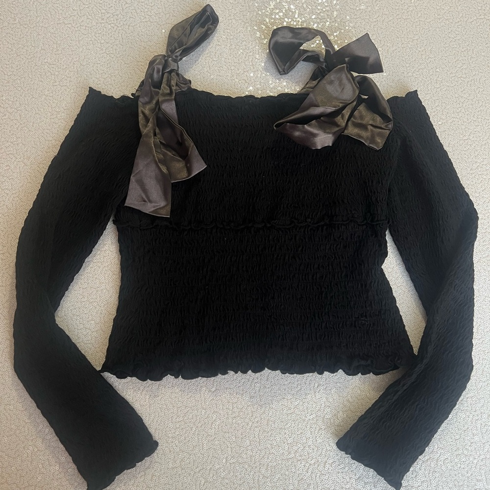 by Anthropologie  Black Off-Shoulder Top with Satin Bows